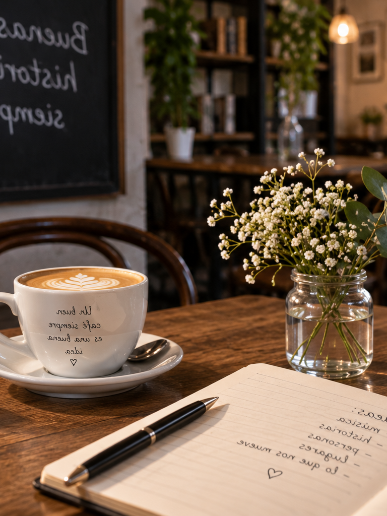 Cuaderno, flores y taza de café sobre una mesa de madera, composición reflejada
