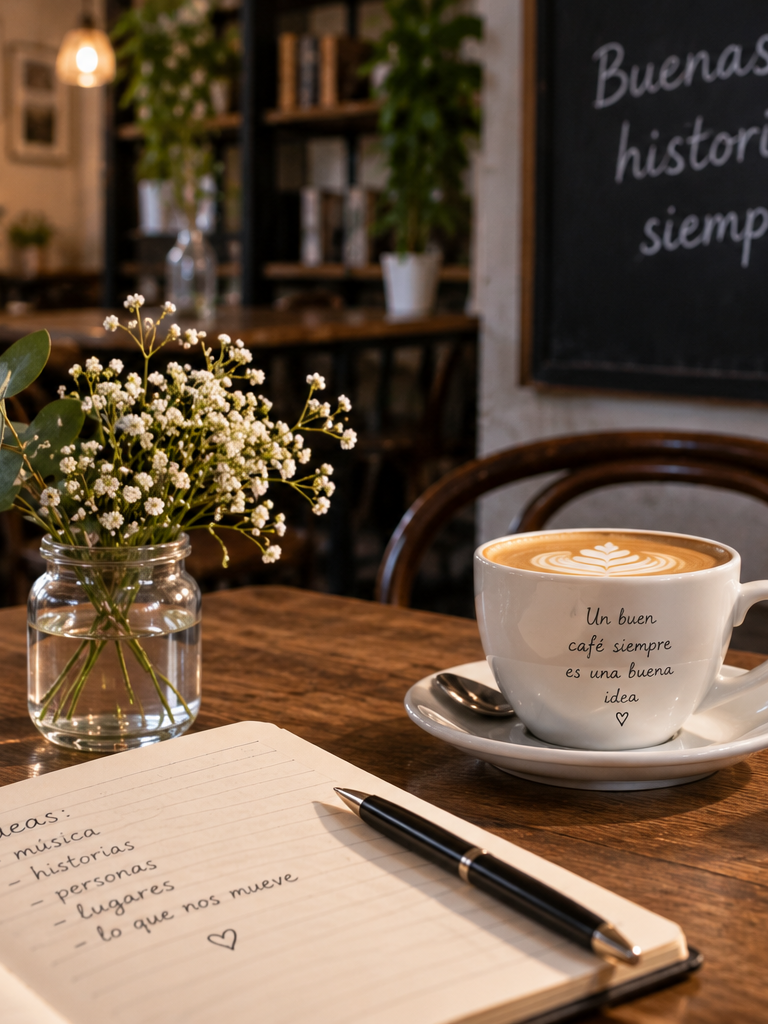 Cuaderno, flores y taza de café sobre una mesa de madera